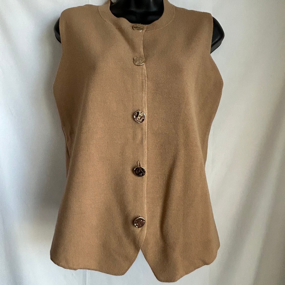 LOFT Sweater Vest Large Women Tan Excellent Gold Button Knit Sleeveless Cardigan